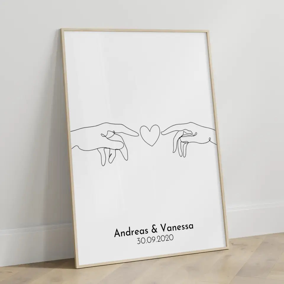 Personalisiertes Liebesposter Hand hält Herz Line Art Mit Namen und Datum