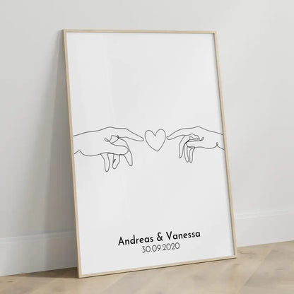 Personalisiertes Liebesposter Hand hält Herz Line Art Mit Namen und Datum