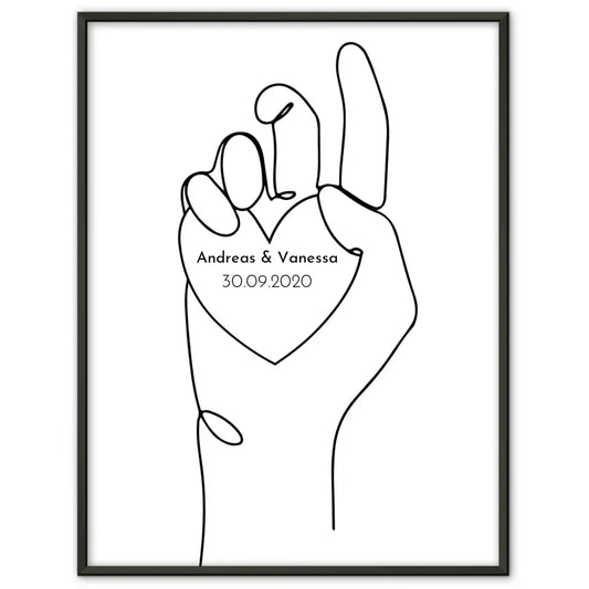 Personalisiertes Liebesposter Herz auf Hand Line Art Mit Namen und Datum