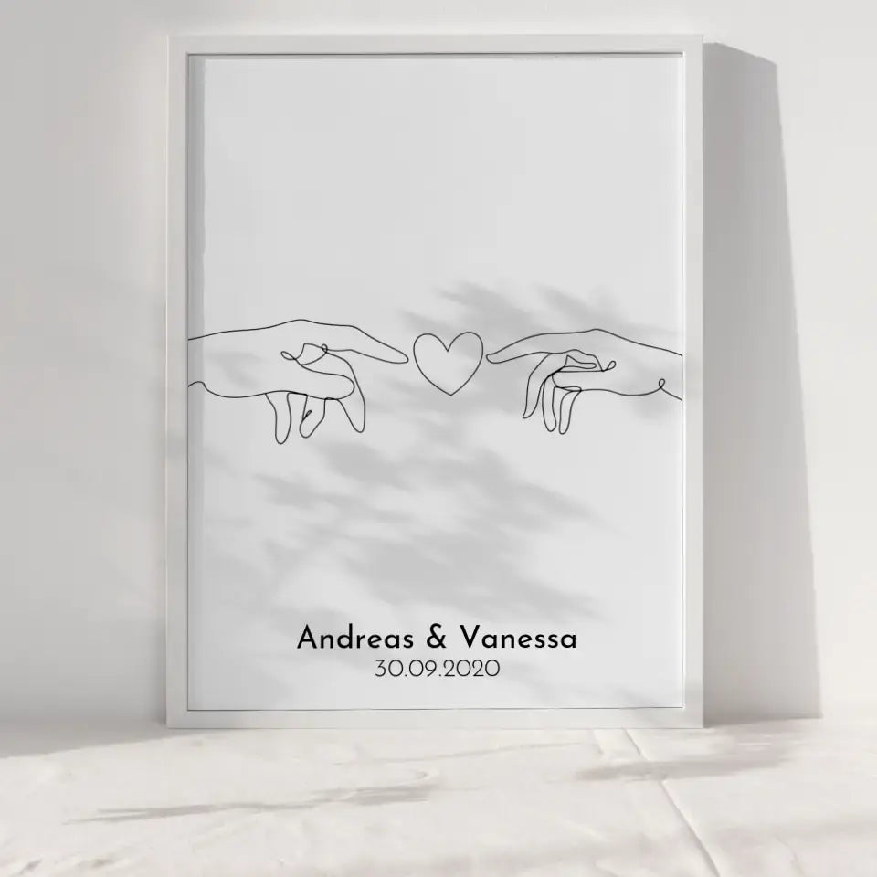 Personalisiertes Liebesposter Hand hält Herz Line Art Mit Namen und Datum