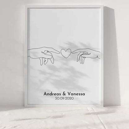 Personalisiertes Liebesposter Hand hält Herz Line Art Mit Namen und Datum