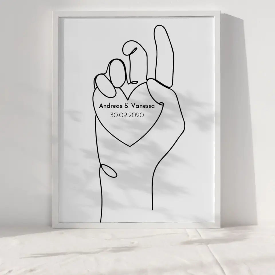 Personalisiertes Liebesposter Herz auf Hand Line Art Mit Namen und Datum