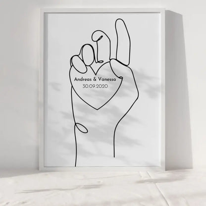 Personalisiertes Liebesposter Herz auf Hand Line Art Mit Namen und Datum