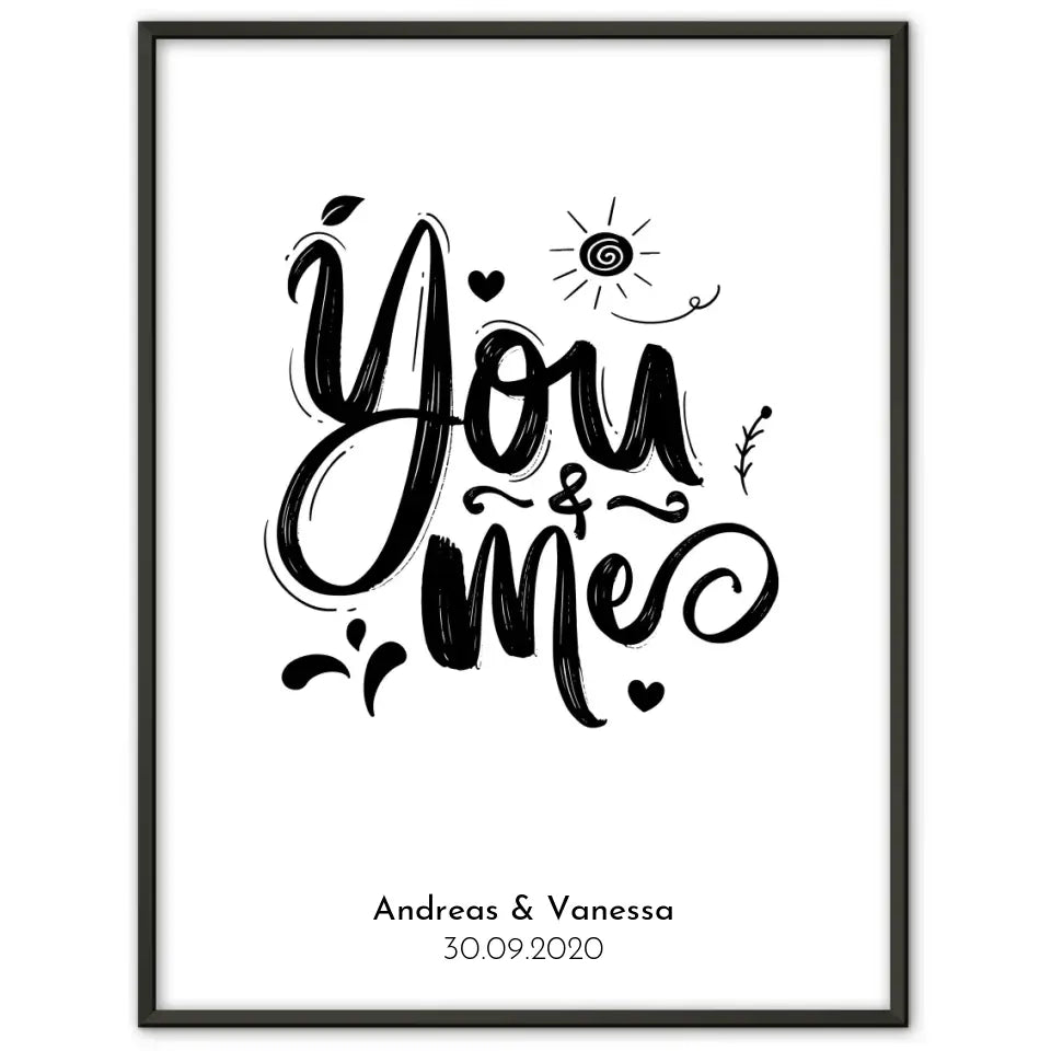 Personalisiertes Liebesposter You And Me mit Herzen Mit Namen und Datum