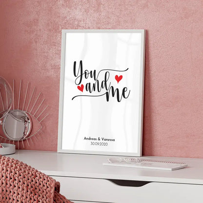 Personalisiertes Liebesposter You And Me Rosa Herzen Mit Namen und Datum
