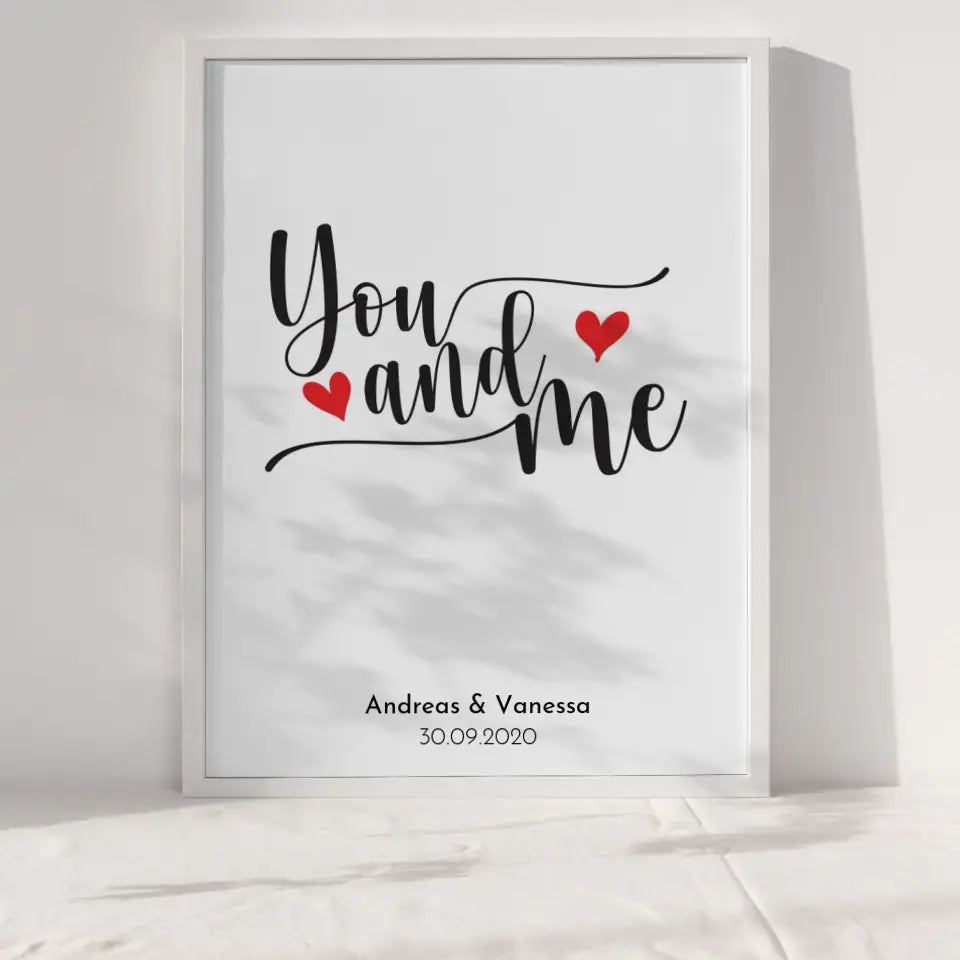 Personalisiertes Liebesposter You And Me Rosa Herzen Mit Namen und Datum