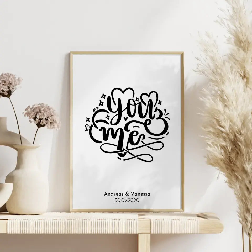 Personalisiertes Liebesposter You And Me Sketchy Herzen Mit Namen und Datum