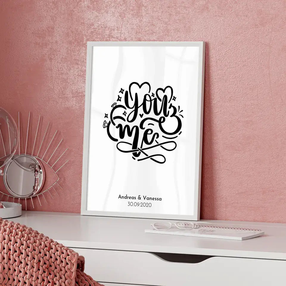 Personalisiertes Liebesposter You And Me Sketchy Herzen Mit Namen und Datum