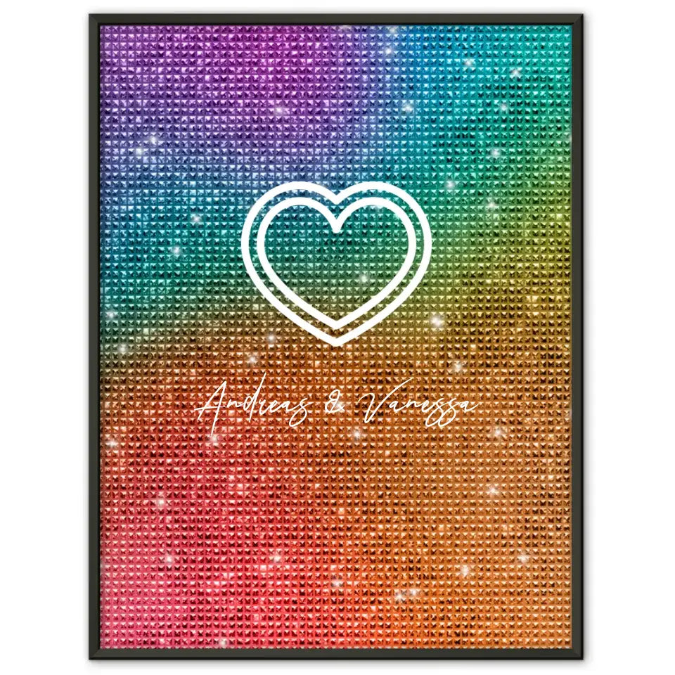 Personalisiertes Liebesposter Herz Regenbogen Diamanten Mit Namen und Datum 1