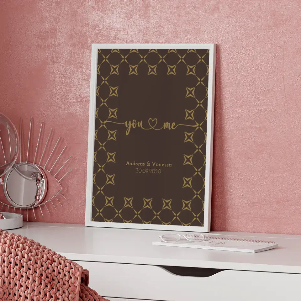 Personalisiertes Liebesposter You And Me Stil Grün Rot Mit Namen und Datum