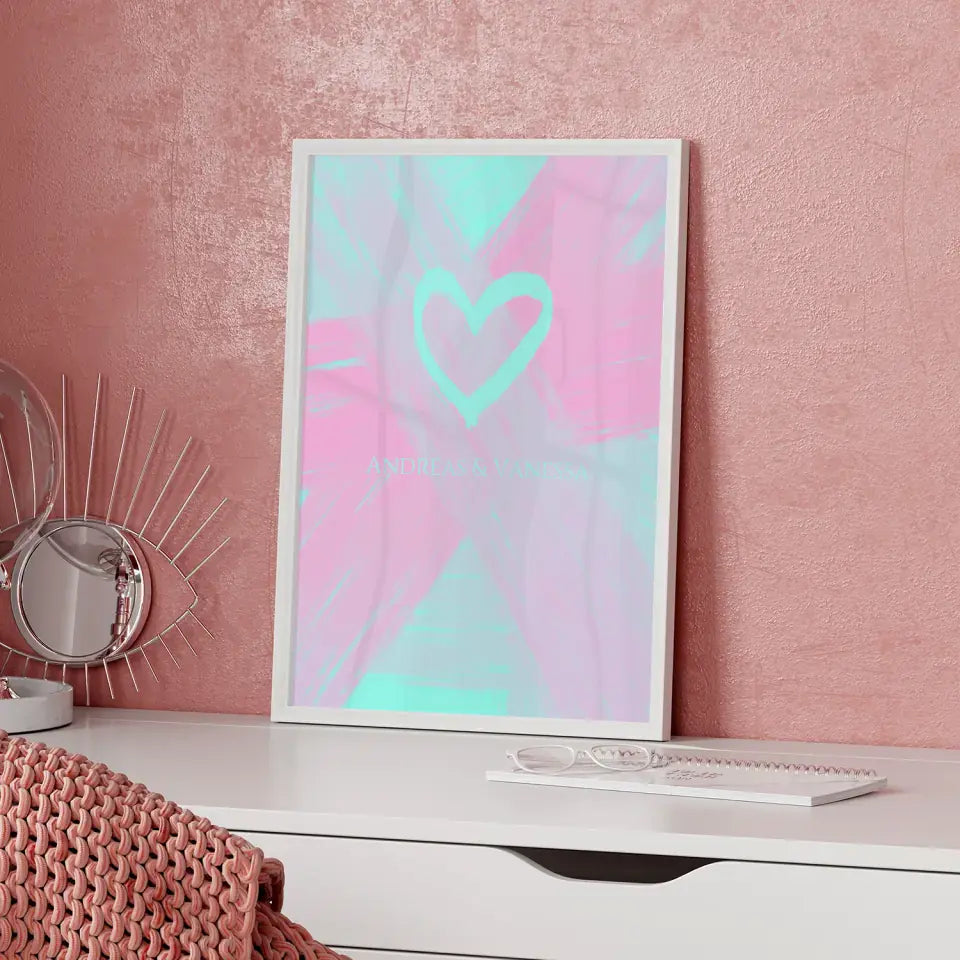 Personalisiertes Liebesposter Herz Wasserfarben Hellblau Rosa Mit Namen
