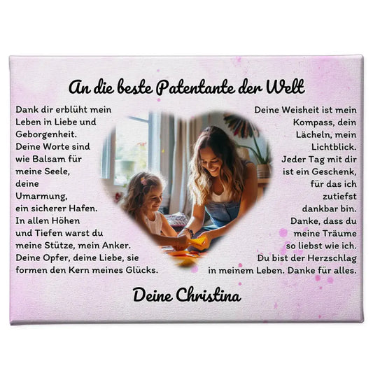 Leinwand Geschenk für Danke Patentante mit Herz Foto Wasserfarben Stil 1