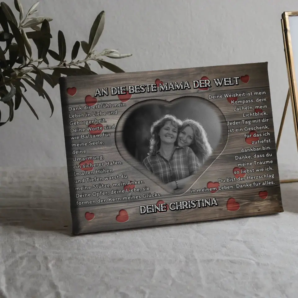 Leinwand personalisiert Mama Holz Stil Herzen mit Foto