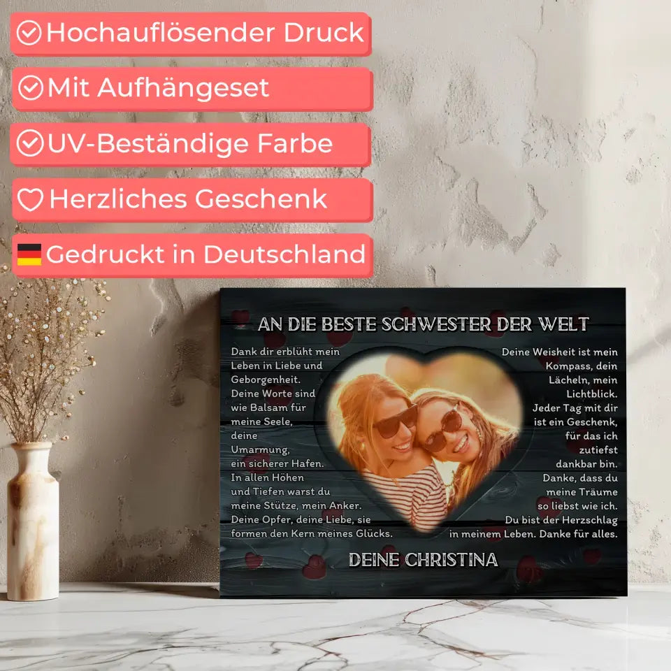 Personalisierte Leinwand Schwester Danksagung Mit Herz Foto