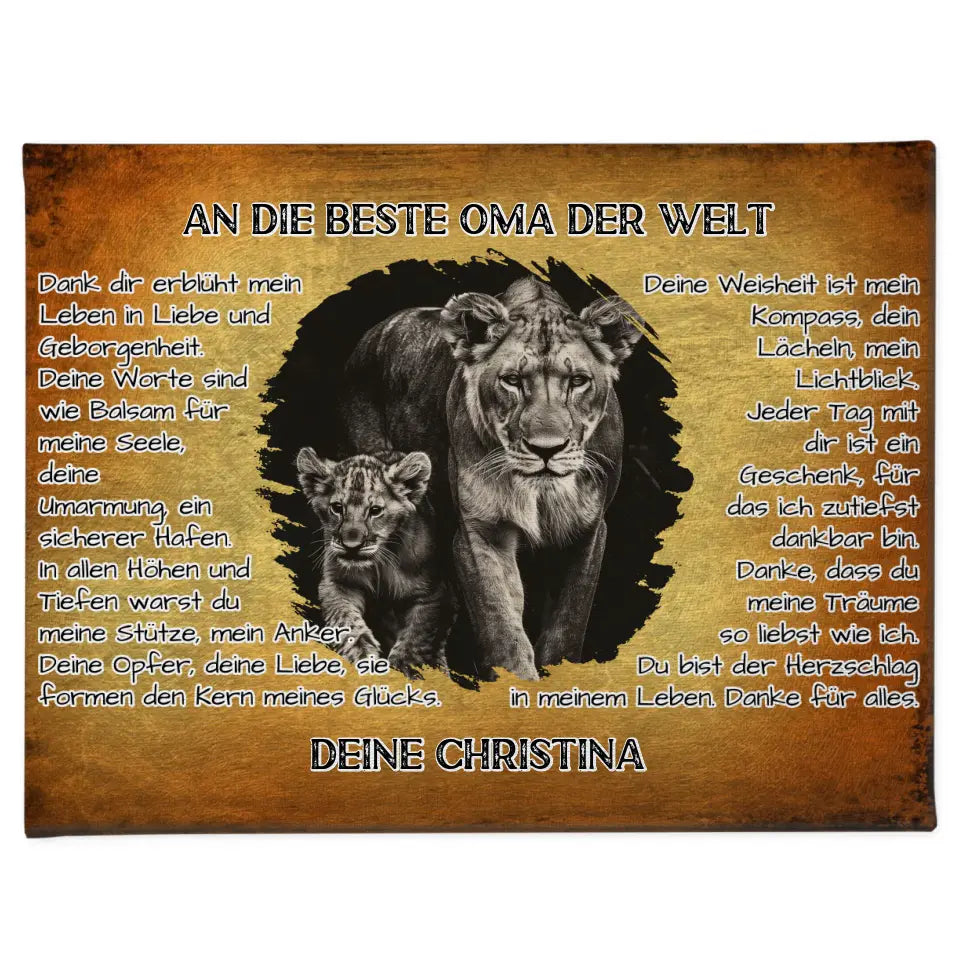 Leinwand mit Löwen für Oma Danke für alles mit Löwen Bild