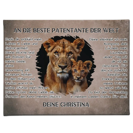Leinwand mit Löwen für Patentante Danke für alles mit Löwen Bild 1