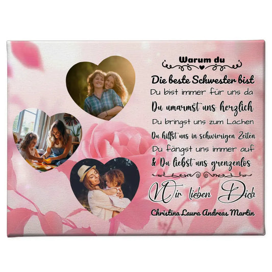 Leinwand mit 3 Herz Fotos für Schwester Ich liebe Dich 1