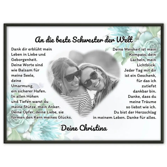 Poster Geschenk für Danke Schwester mit Herz Foto Blaue Blüten