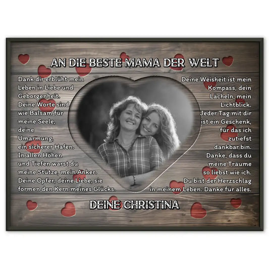 Poster personalisiert Mama Holz Stil Herzen mit Foto 1