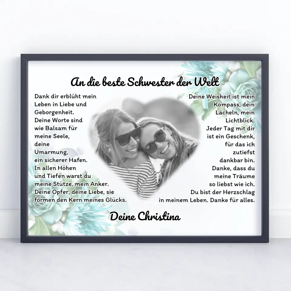 Poster Geschenk für Danke Schwester mit Herz Foto Blaue Blüten