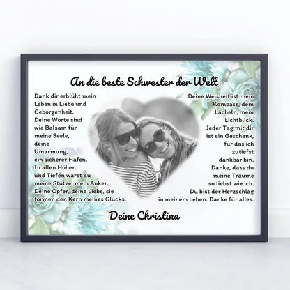 Poster Geschenk für Danke Schwester mit Herz Foto Blaue Blüten