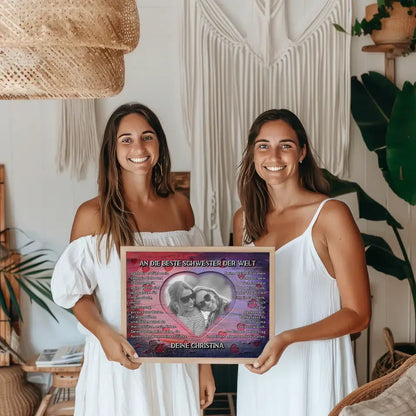 Poster personalisiert Schwester Holz Stil Herzen Bunter Holz Stil