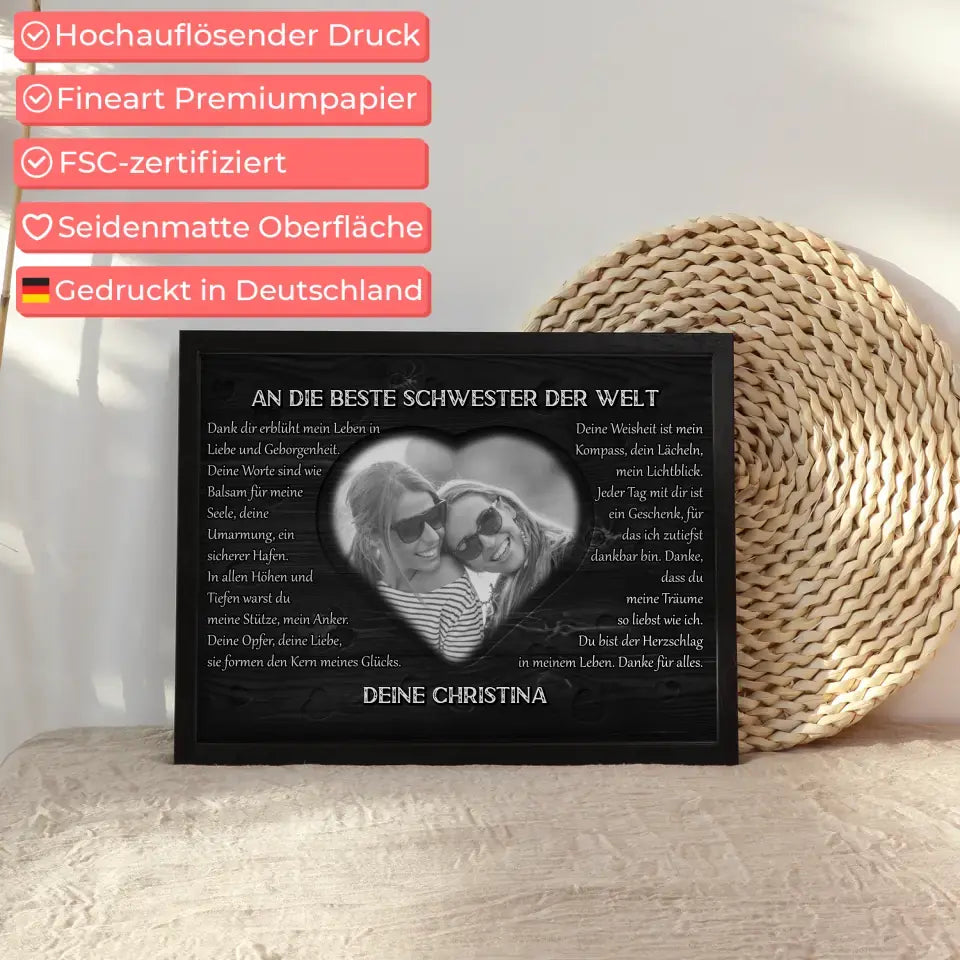 Personalisiertes Schwester Poster DANKE Schwarz Weiß