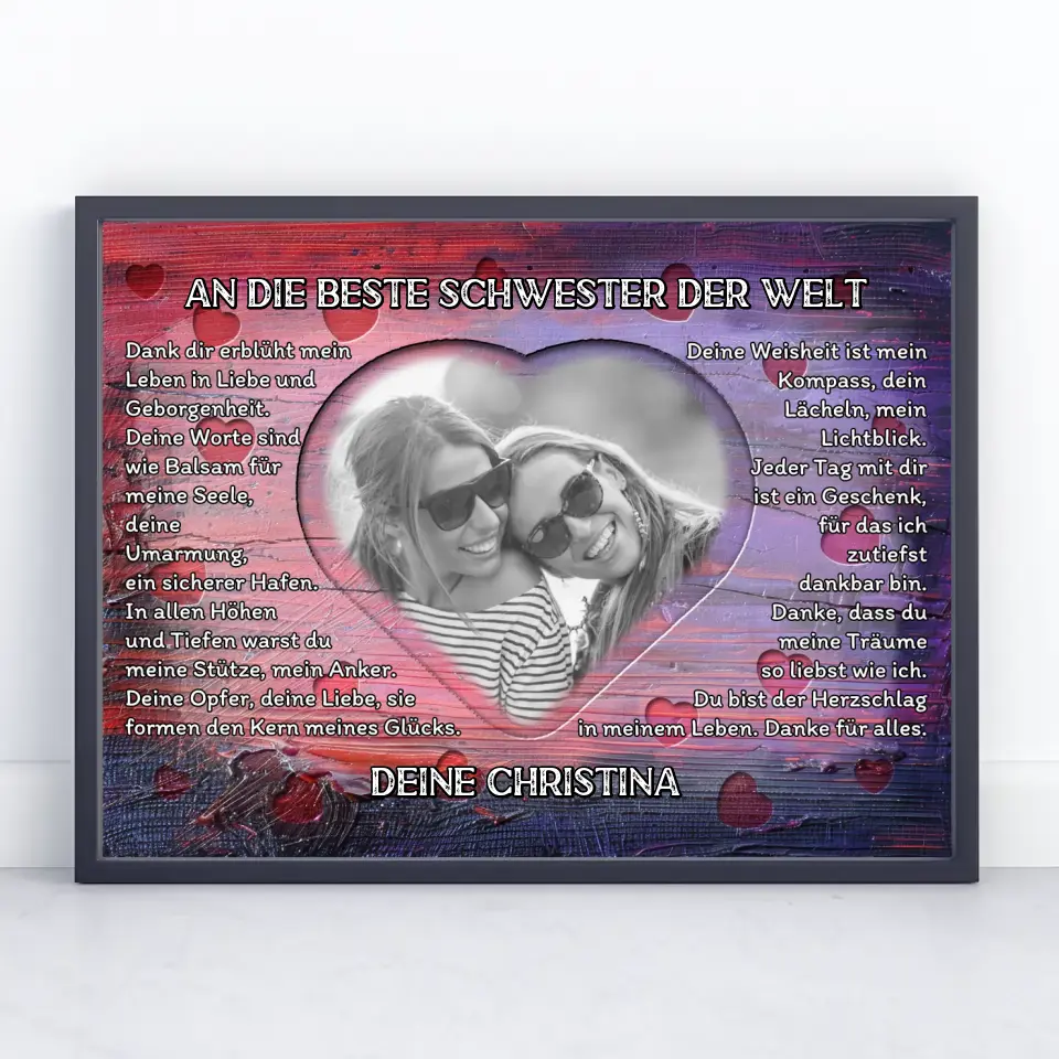 Poster personalisiert Schwester Holz Stil Herzen Bunter Holz Stil