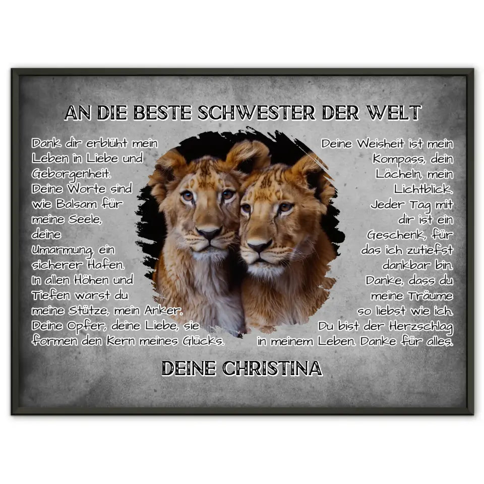 Löwen Poster für Schwester Danke mit Löwen Bild