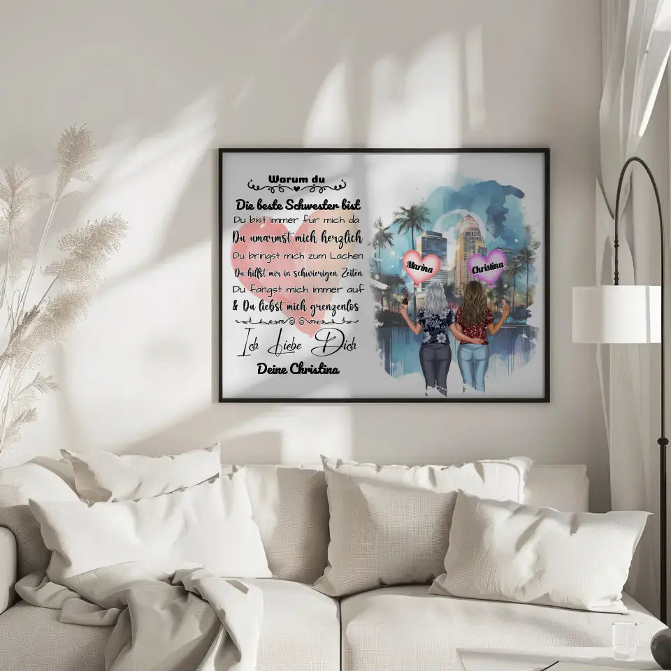 Poster Ich liebe Dich Schwester mit personalisierten Figuren