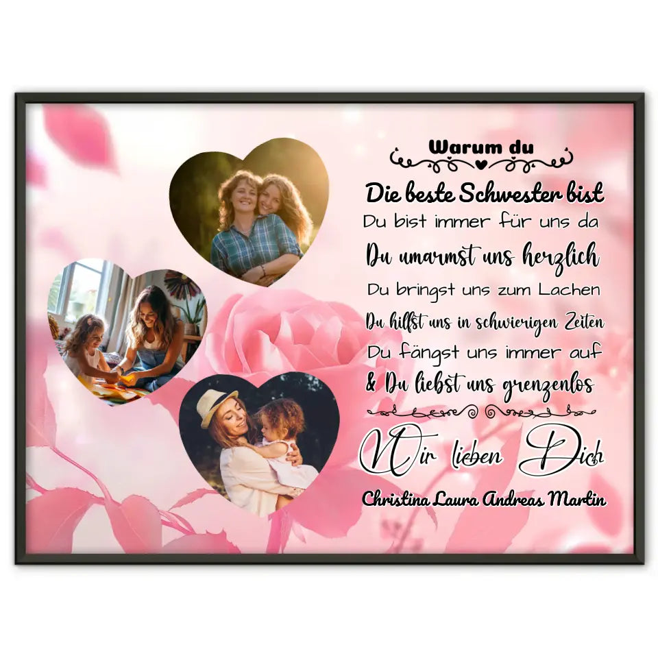 Poster mit 3 Herz Fotos für Schwester Ich liebe Dich