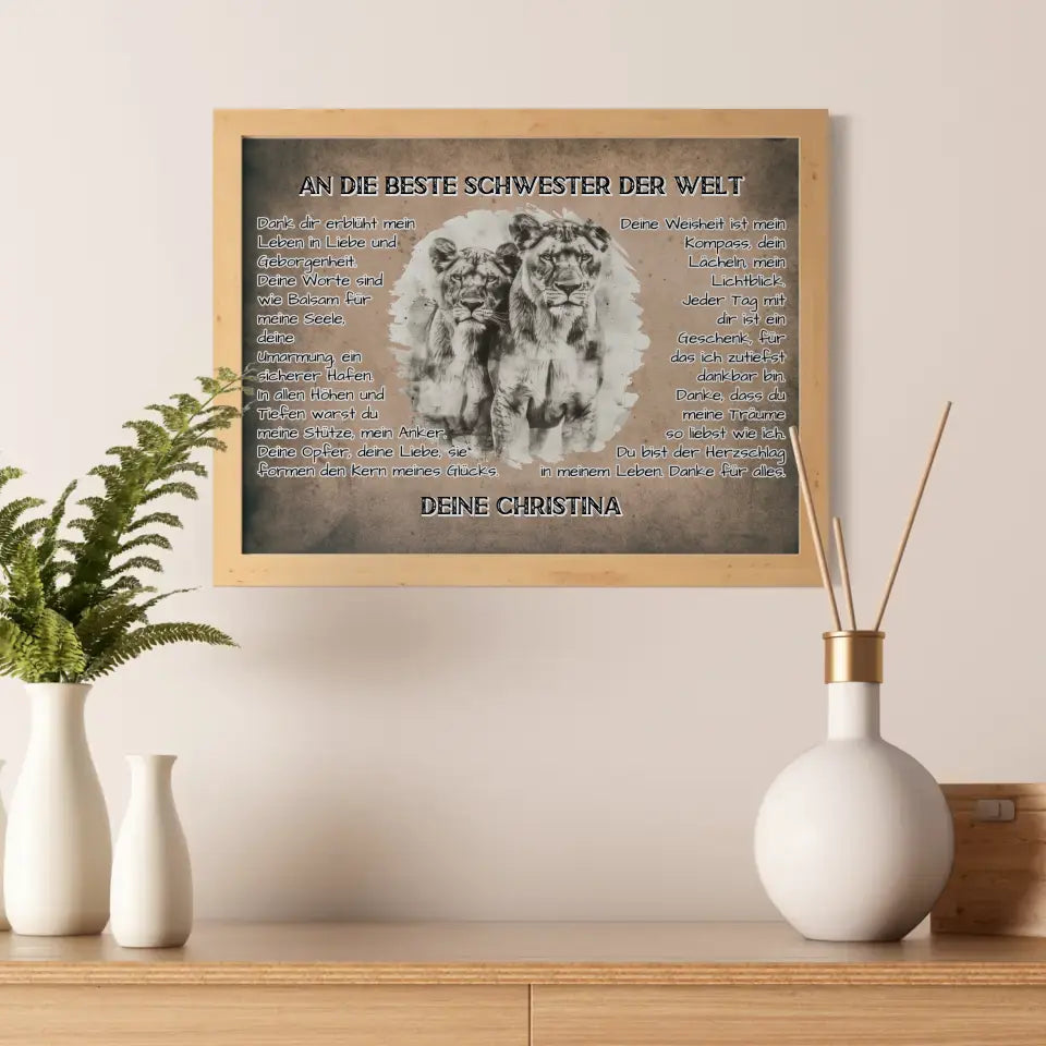 Personalisiertess Poster Danke für alles Schwester mit Löwen Bild
