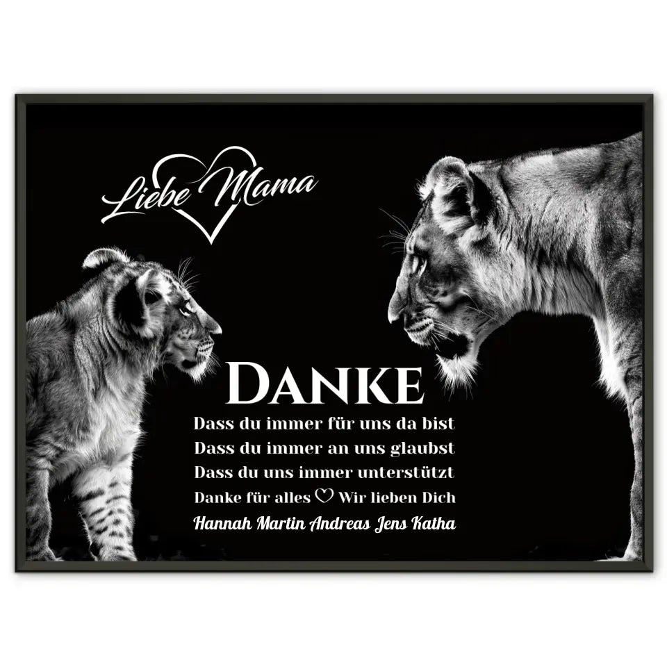 Schwarz Weiß Poster DANKE Mama mit Löwen 1