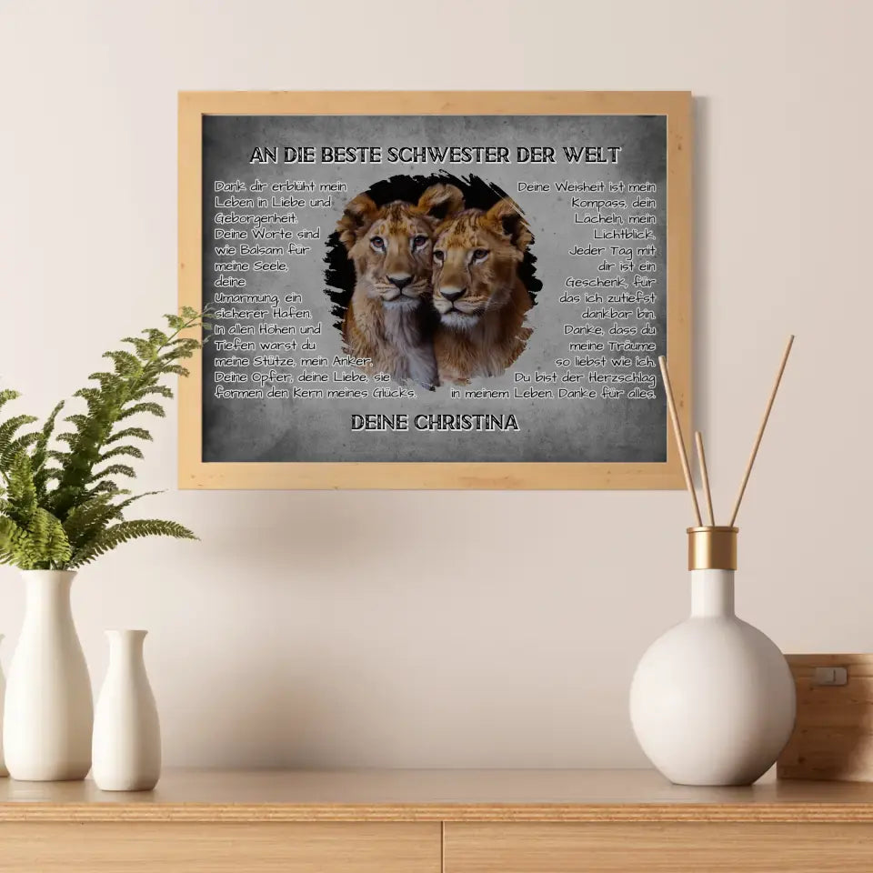 Löwen Poster für Schwester Danke mit Löwen Bild