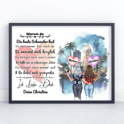 Poster Ich liebe Dich Schwester mit personalisierten Figuren