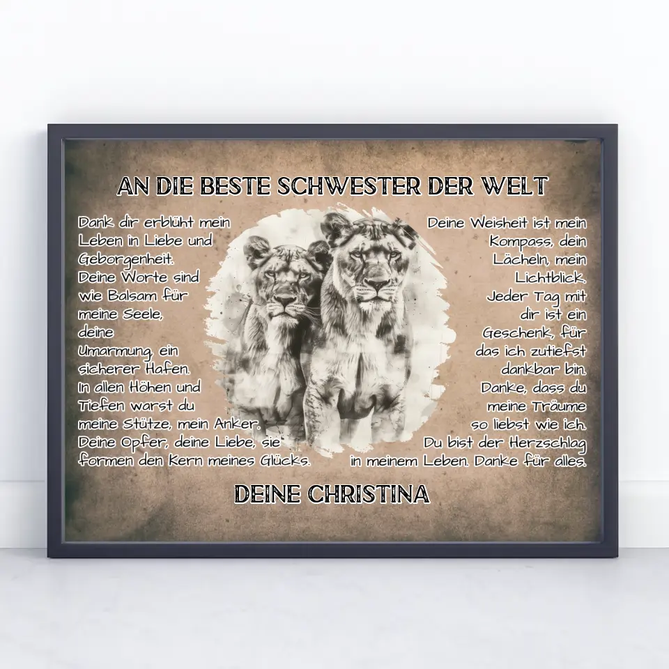 Personalisiertess Poster Danke für alles Schwester mit Löwen Bild