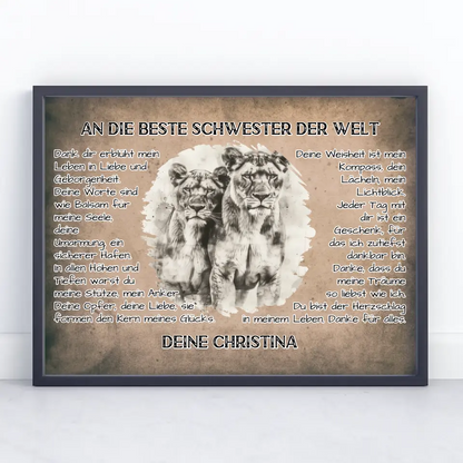 Personalisiertess Poster Danke für alles Schwester mit Löwen Bild