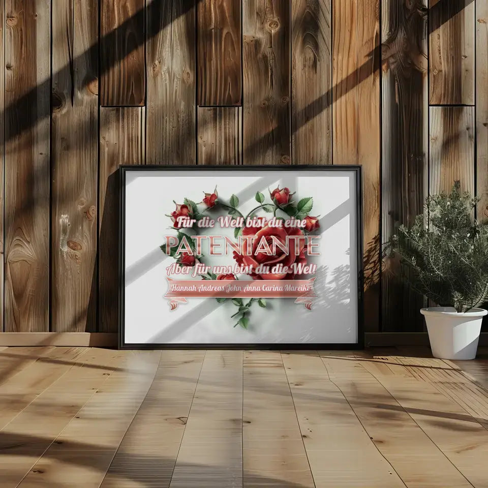 Poster Rosenherz für Patentante Du bist unsere Welt