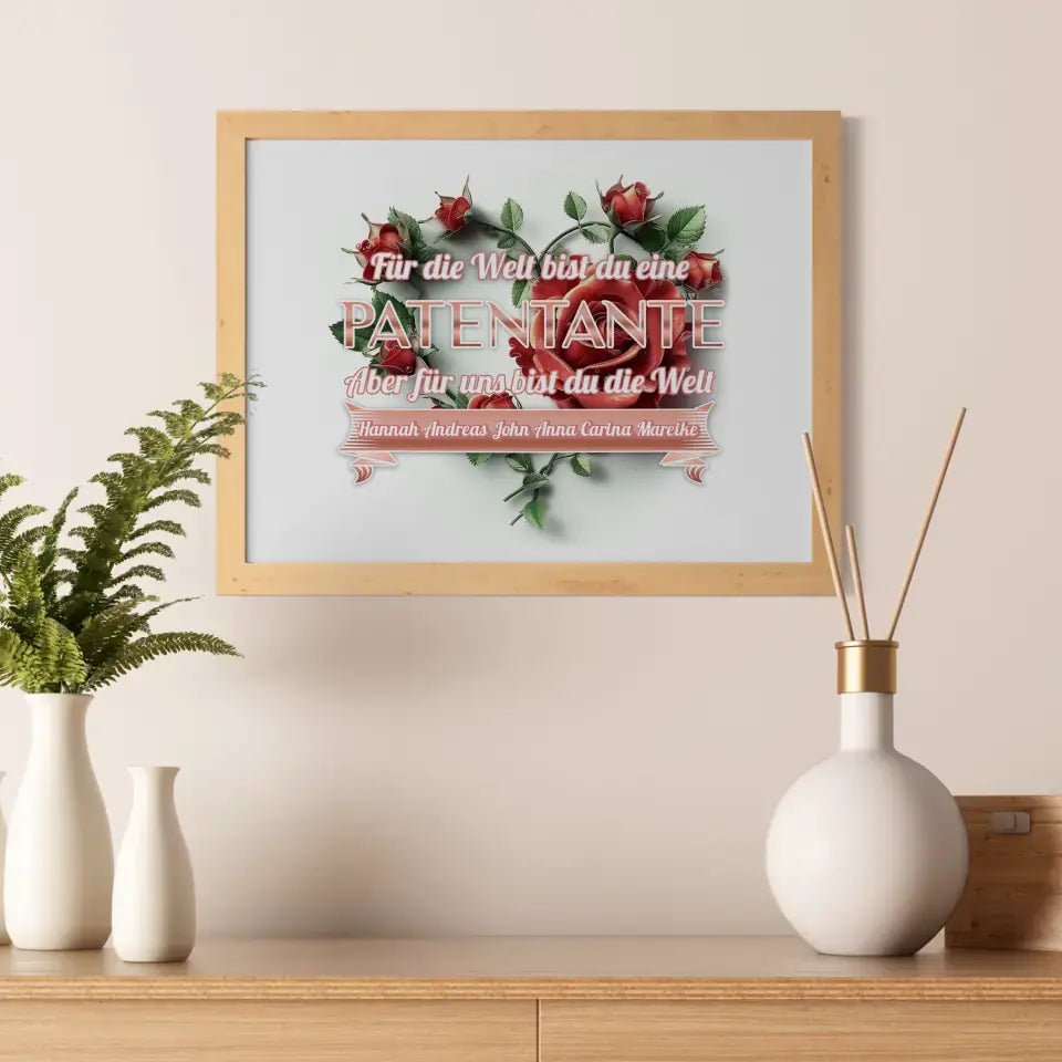 Poster Rosenherz für Patentante Du bist unsere Welt
