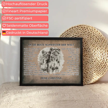 Personalisiertess Poster Danke für alles Schwester mit Löwen Bild