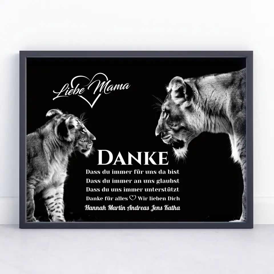 Schwarz Weiß Poster DANKE Mama mit Löwen