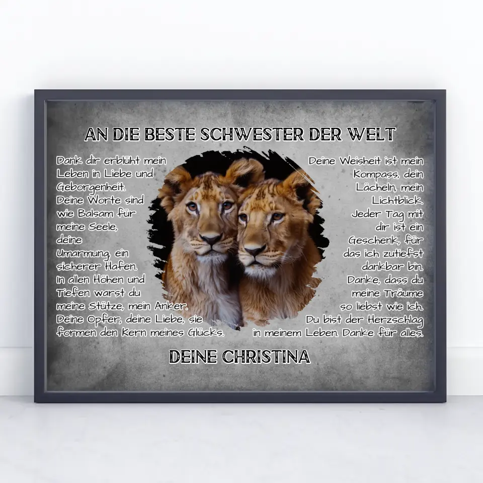 Löwen Poster für Schwester Danke mit Löwen Bild