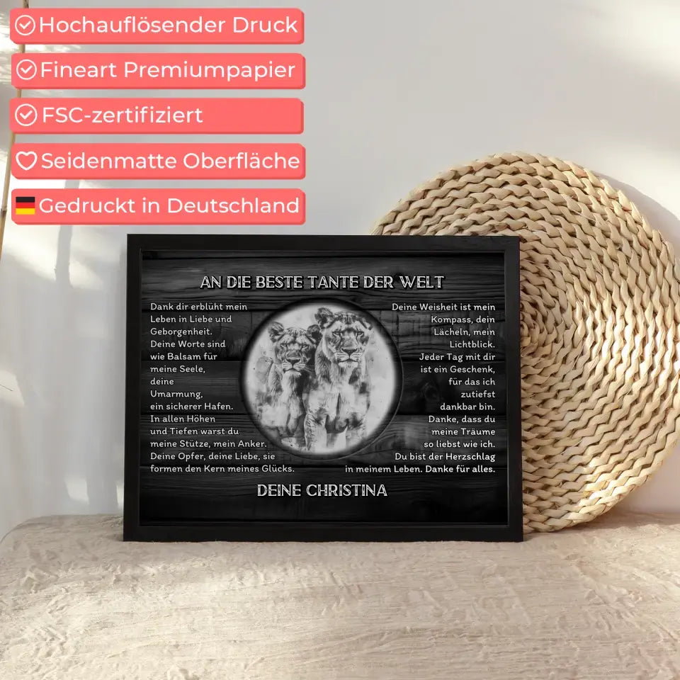 Dankes Poster mit Löwen für Tante Schwarz Weiß