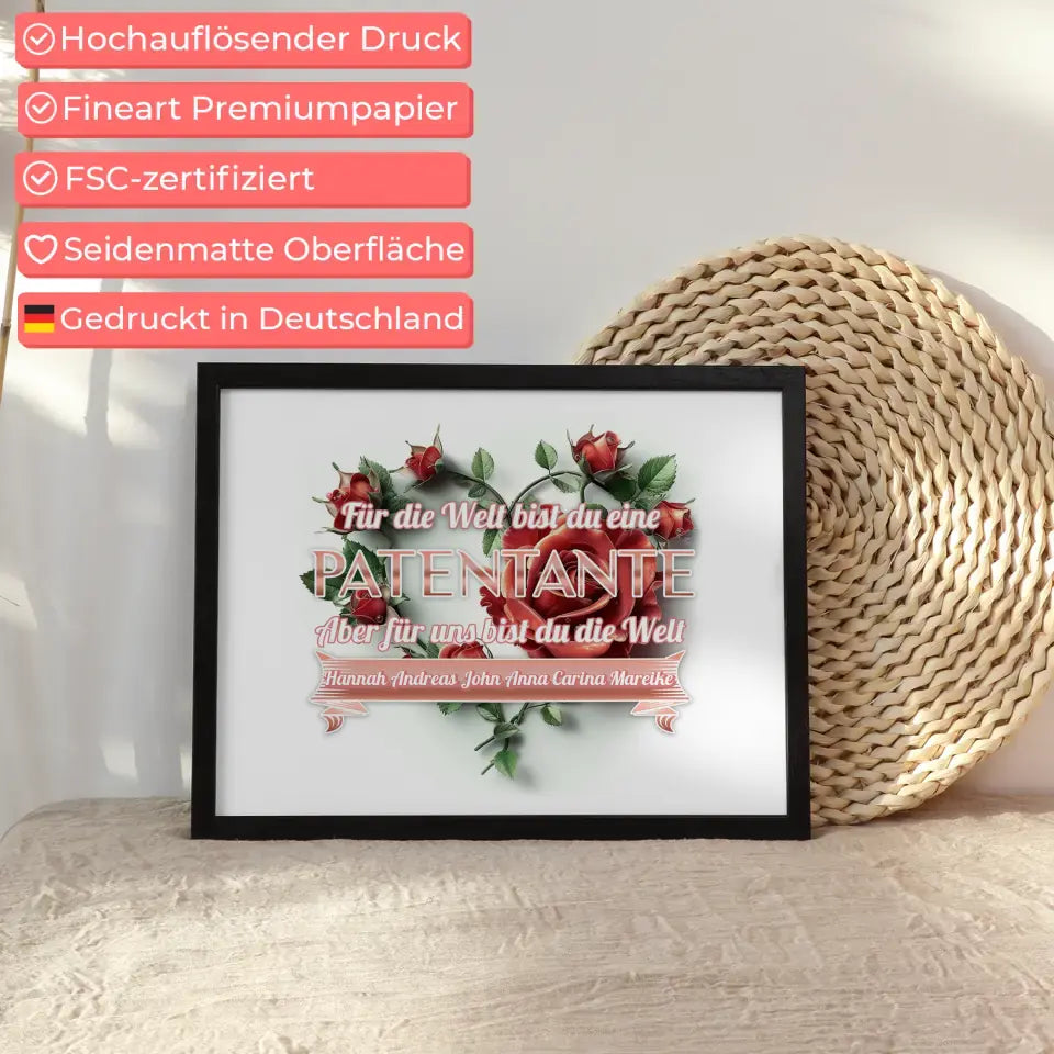 Poster Rosenherz für Patentante Du bist unsere Welt