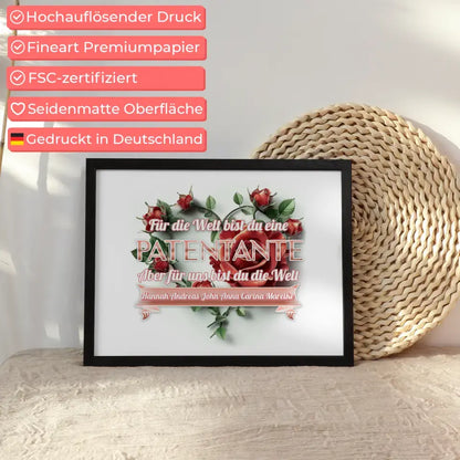 Poster Rosenherz für Patentante Du bist unsere Welt