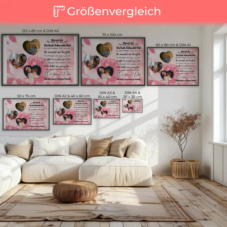 Poster mit 3 Herz Fotos für Schwester Ich liebe Dich