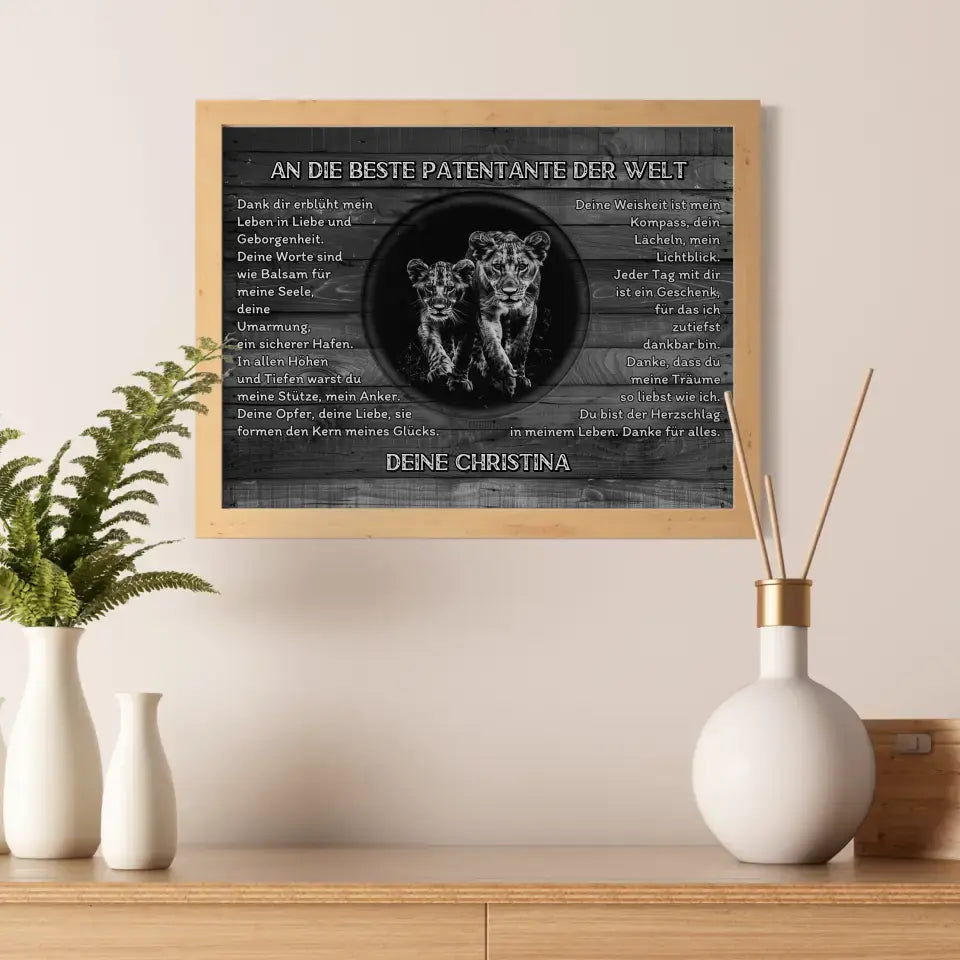 Dankes Poster mit Löwen für Patentante Schwarz Weiß