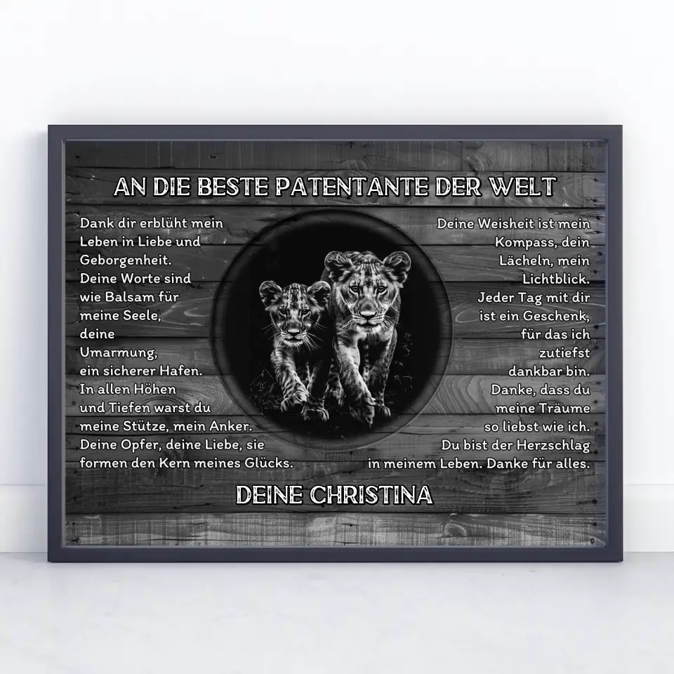 Dankes Poster mit Löwen für Patentante Schwarz Weiß