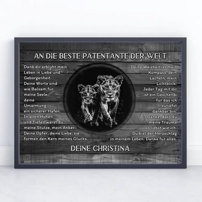 Dankes Poster mit Löwen für Patentante Schwarz Weiß