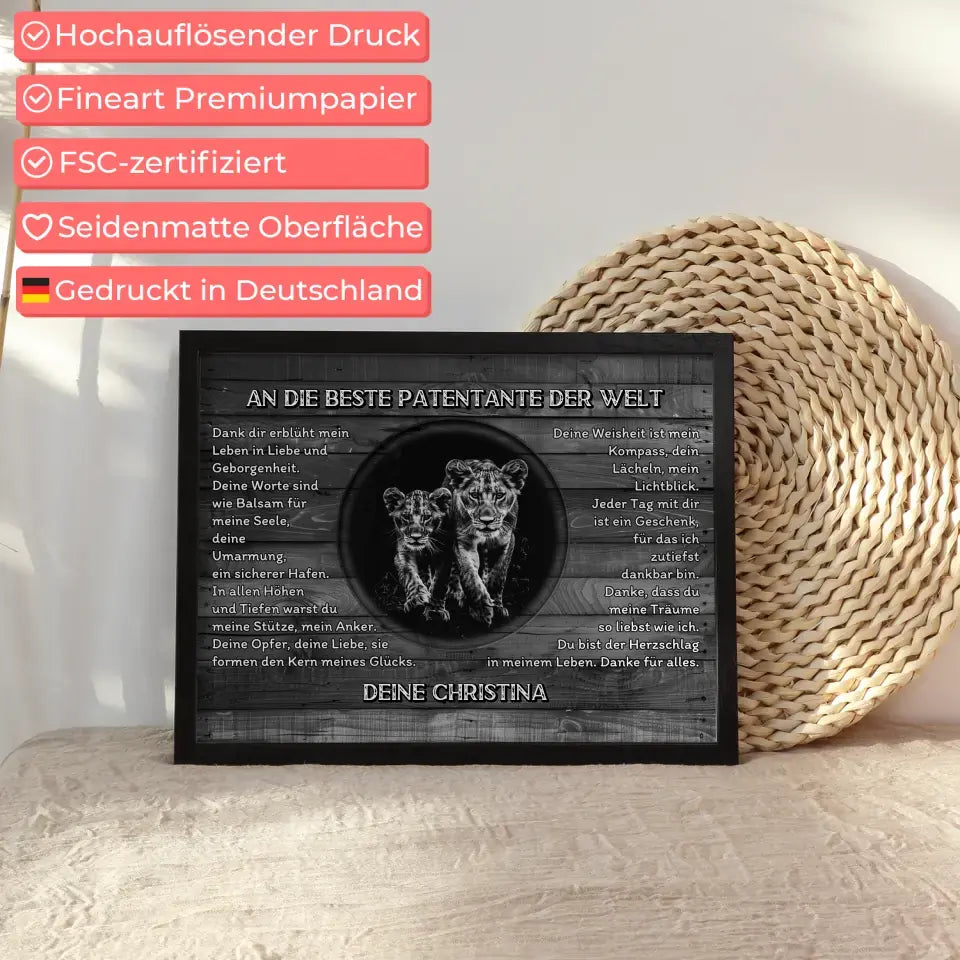 Dankes Poster mit Löwen für Patentante Schwarz Weiß
